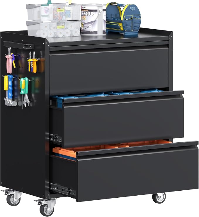 Garage Storage Cabinet with Wheels and Pegboard, Metal Rolling Tool Storage Cabinet with 3 Drawers for Garage, Home, Warehouse, Basement, Assembly Required, Black