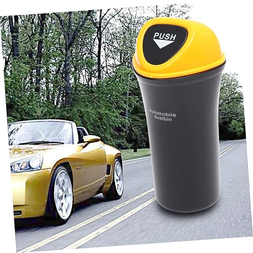 Portable Trash Can with Leakproof Cover Yellow Vehicle Garbage Bin with Hook Multi Functional Auto Organizer for Snacks Supplies and Pet Food Storage