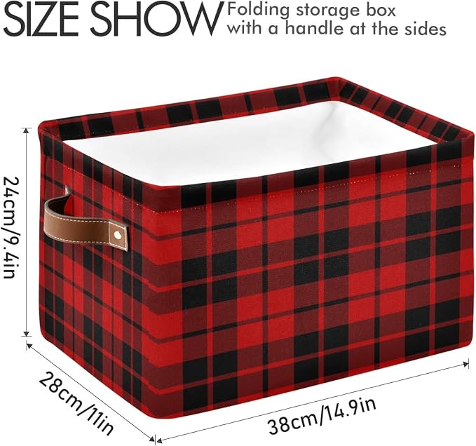 AUUXVA Storage Basket Red Black Christmas Buffalo Plaid Check Storage Cube Box Durable Canvas Collapsible Toy Basket Organizer Bin with Handles for Shelf Closet Bedroom Home Office