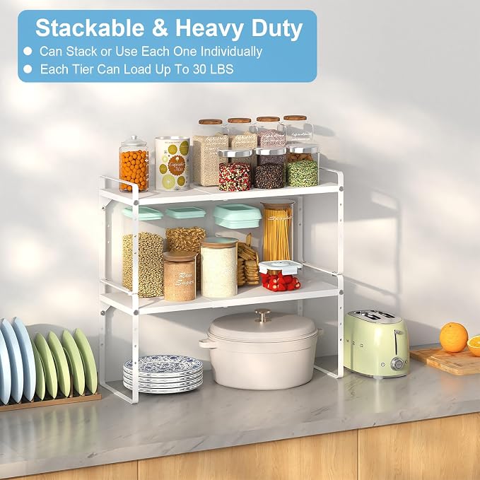 Set of 2 Expandable Cabinet Shelf Organizer, Stackable Kitchen Countertop Shelves Spice Racks, Small Storage Shelf For Cupboard Counter Tabletop, 30 LBS Heavy Duty, Adjustable, 13.8" to 21.6" Long