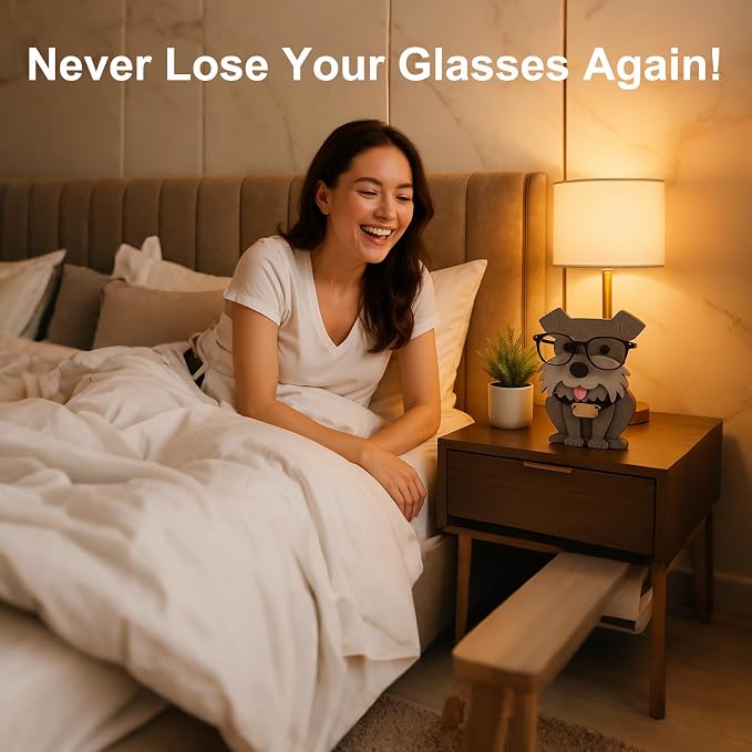 Dog Eyeglass Holder Stand, Wooden Glasses Organizer for Desk Decor | Cute animal glasses holder for eyeglasses and sunglasses, wooden dog desk organizer for nightstand, office or gifting