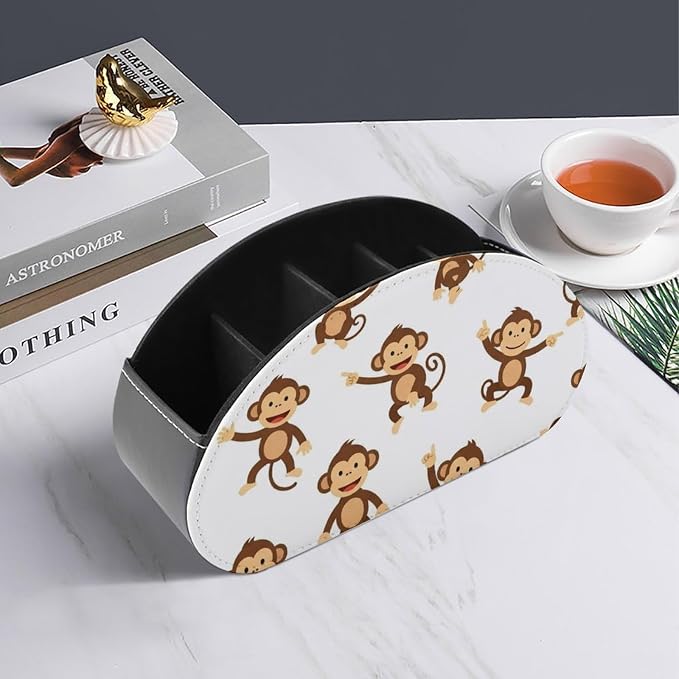 5 Compartment Remote Control Holder Monkey Cartoon Animal Storage Caddy Box | Pu Leather Desktop Organizer, Monkey Cartoon Animal Cute, Fit for TV Remotes, Media Player, Brush, Office Accessories