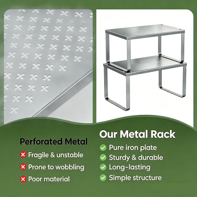 Simple Trending Cabinet Organizer Shelf, Set of 2 Kitchen Counter Shelves, Kitchen Storage, Stackable, Expandable, Metal Spice Rack for Cupboard, Bathroom, Desk, Pantry, Silver