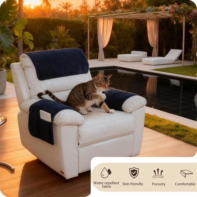 Sherpa Fleece Armrest and Headrest Covers with 2 Pockets | Soft fleece with nonslip silicone backing helps protect leather and fabric furniture from pet scratches machine washable