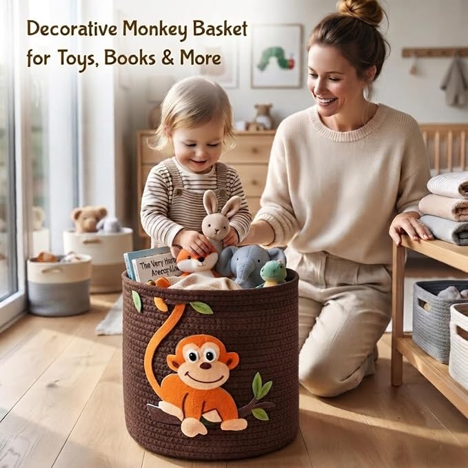 Animal Basket for Nursery Storage, Woven Cotton Rope Bin with Monkey Design, Cutout Handles, Baby-Safe Kids Toy Organizer for Stuffed Animals, Laundry Hamper, Foldable & Washable (Monkey)