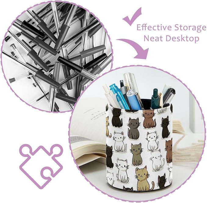 Faux Leather Pen Holder for Desk, Pencil Organizer Cute Cat Pen Cup Desk Decor Makeup Brush Holder Storage for Office Home