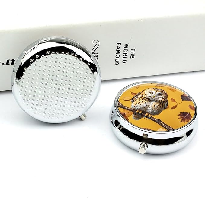 3 Compartment Medicine Pill Case, Owl Branch Round Pill Box, Portable Decorative Medicine Organizer for Pocket Or Purse Vitamin Organize
