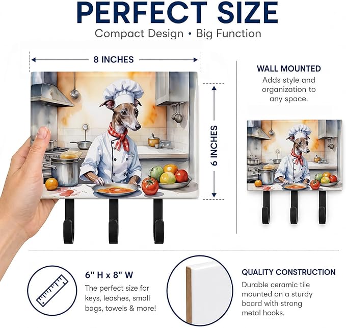 Caroline's Treasures Italian Greyhound The Chef Leash or Key Holder Wall Hooks, Key Hooks Holder, Coat Rack Wall Mount, Coat Hooks, Hooks for Hanging Keys, Towels, Aprons, Leashes | Italian Greyhound The Chef artwork on ceramic tile with three steel ho...