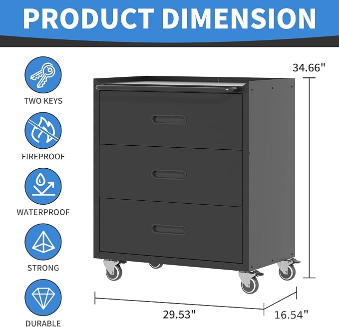Metal Storage Cabinet for Garage, Tool Cabinet, Utility Cabinet | Wheeled, Rolling Tool Cabinet, 3 Drawer, Top Countertop, Assembly Required, Black