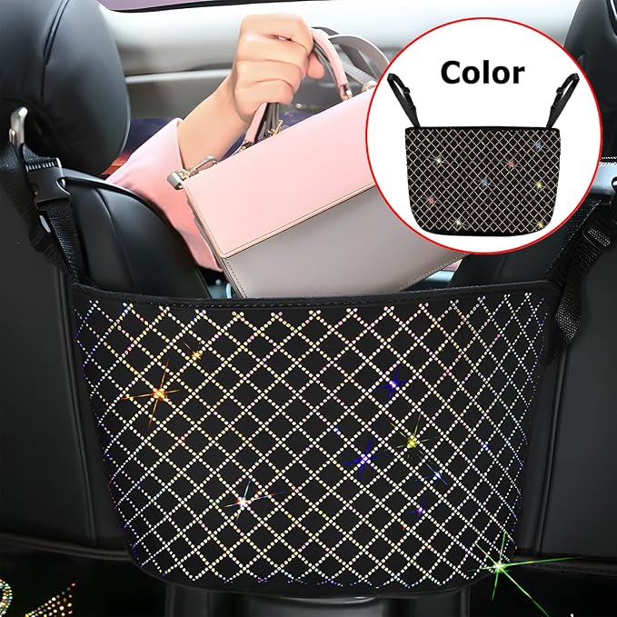 zipelo Bling Car Net Pocket Handbag Holder, Rhinestone Vehicle Backseat Purse Organizer Between Seats, Diamond Hanging Storage Bag Barrier of Pet Kids, Universal Automotive Accessories (Multicolor)