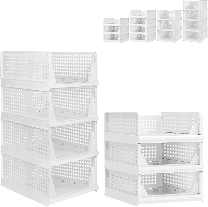 This Foldable and Stackable Clothes 4-Tier White Storage Shelf with Drawer for Bedroom Kitchen Living Room Bathroom (H-18 cm + 3-Tier H-14 cm)