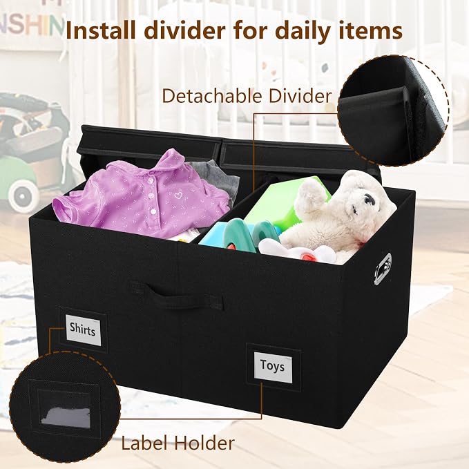 Graciadeco 75 Quarts Extra Large Decorative Storage Bins with Lids, 3 Packs Black Collapsible Storage Bins with Lids, Stackable Storage Bins Decorative Box Storage With Lid Extra Large | 75 Quarts 3 Pack Black Collapsible Stackable Linen Fabric 4 Handl...