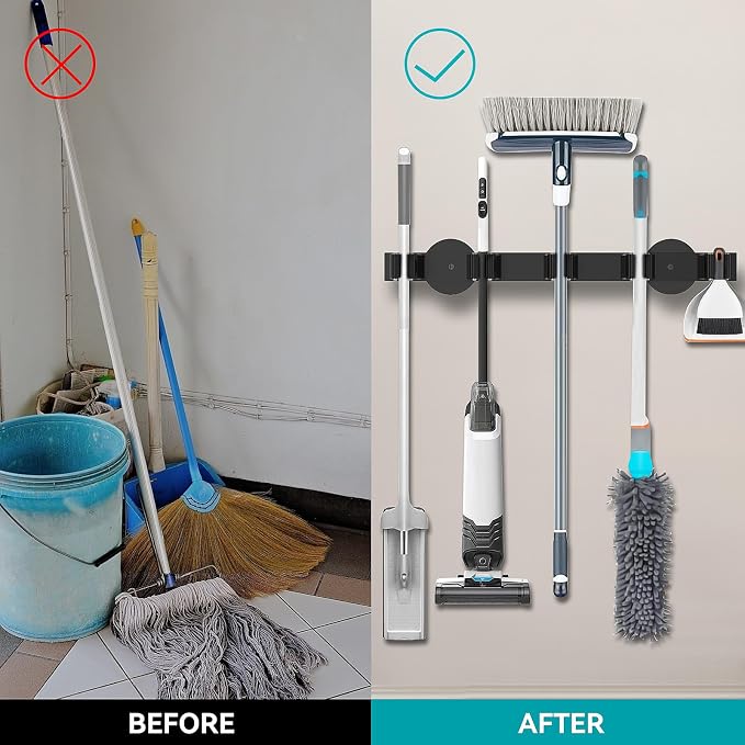 Magnetic Mop Broom Holder, Strong Non Slip Magnetic Broom Mop Hanger, Heavy Duty Magnetic Hooks for Hanging Shovel Rake Tools, Wall Mounted Utility Storage Magnet Rack (5 Rack)