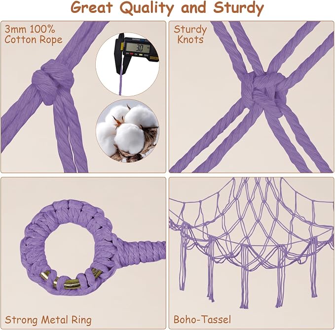 Stuffed Animal Hammock Corner,55 Inch Large No Drilling Plushie Net,Purple | Handcrafted Natural 100% Cotton Stuffy Hammock,Boho Macrame Toy Net,Stuffed Animals Storage Plush Holder ,Nursery Room Decor