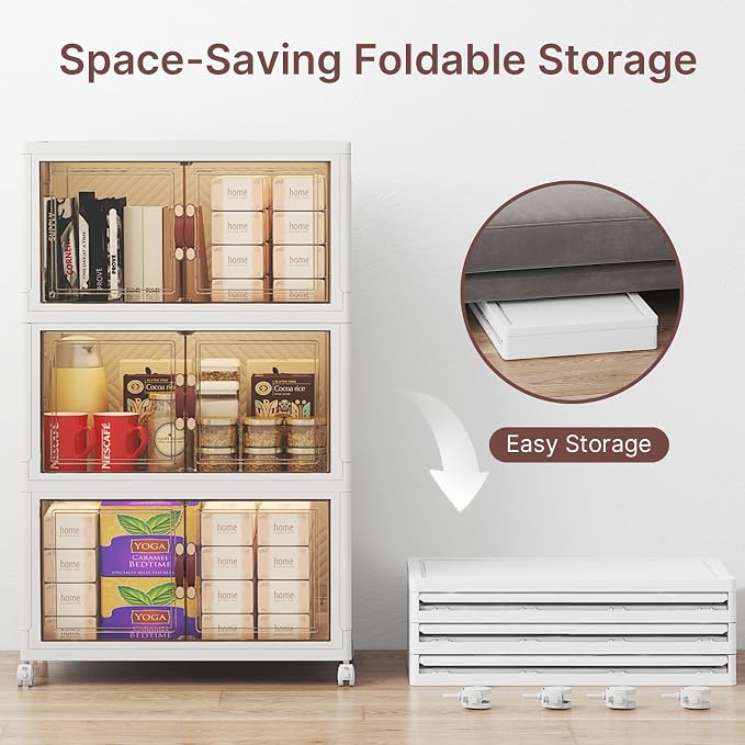 Stackable Storage Bins with Lids, 288QT Lockable Storage Cabinet | Folding Storage Box with Doors and Wheels, Collapsible Plastic Drawers for Home, Garage, Office