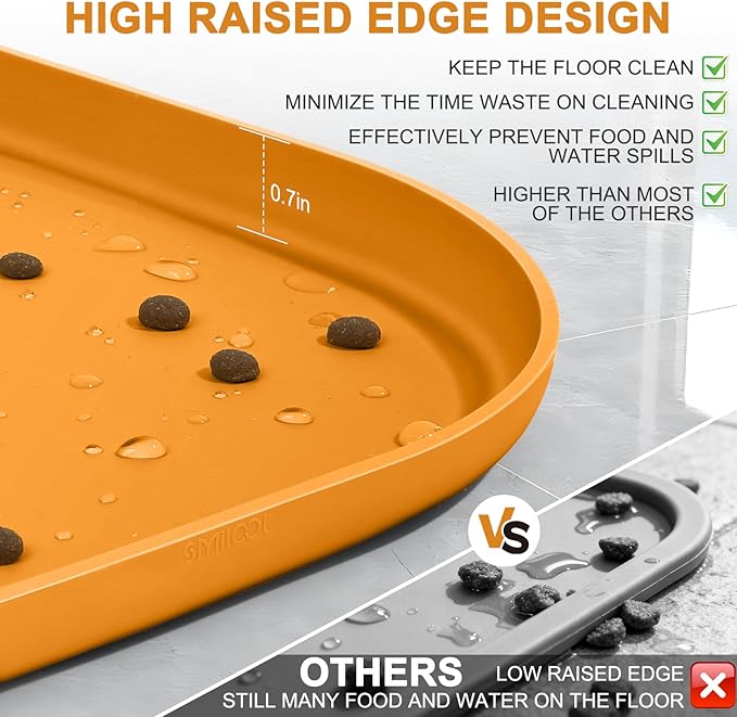 Smilool Silicone Pet Food Mat with Raised Edge for Food and Water Bowl, Dog Feeding Mats, Cat Food Trays for Floor Waterproof, Rubber Tray for Dogs and Cats, 19 x 12 x 0.7 Orange