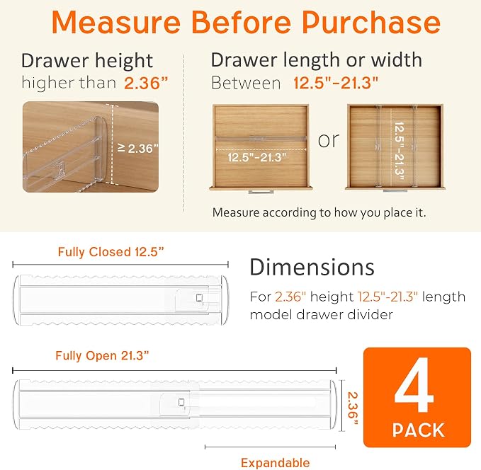 4 Pack 2.36" High Shallow Drawer Dividers, 12.5"-21.3" Expandable | Adjustable Kitchen Drawer Organizer, Clear Plastic Separator for Utensils, Flatware, Cutlery, Socks & Underwear Storage