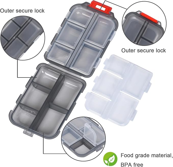 Travel Pill Organizer, 10 Compartments Small Portable Pill Case with 189 Medicine Labels, Compact Medicine Storage Box for Purse, Pocket, Airplane, Travel, Nurse Daily Use 3 Pack