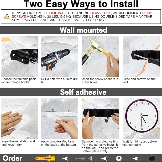 2 Packs SUS304 Heavy Duty Mop and Broom Holder Wall Mount | 5 Racks and 4 Hooks Broom Organizer Storage Tool Racks, Self Adhesive Solid Non-slip for Home Kitchen Garden Laundry Garage