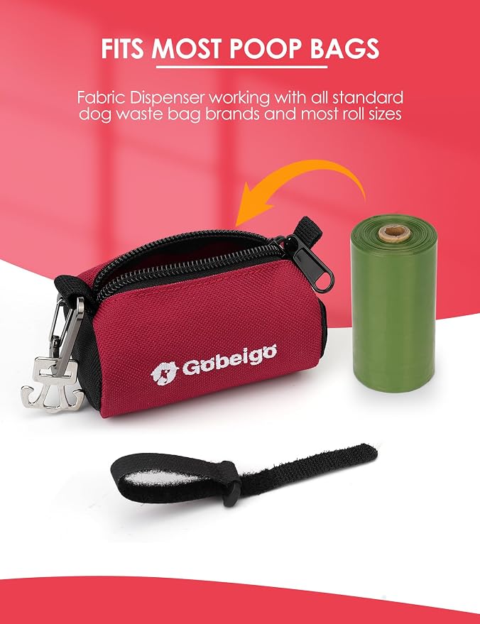 Gobeigo Dog Poop Bag Holder with Used Waste Bag Carrier(Red) | Large Opening for Easy Dispensing, Carabiner & Hook-and-Loop Strap Fits Any Leash, Includes 15 Unscented Waste Bags