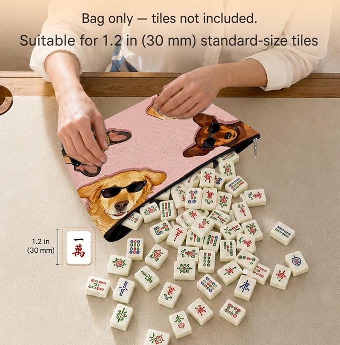Funny Dog Lover Gifts Empty Mahjong Tile Bag 13x7.8 Inch | Pink Dog Printed Portable Travel Case Organizer Zipper Pouch for American Mahjong Tiles Game Night Accessories and Gifts
