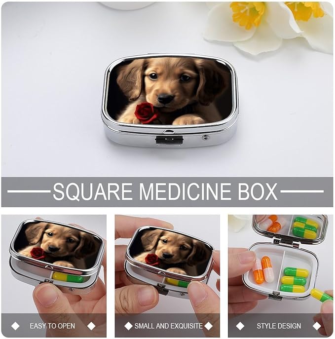 Metal Pill Organizer 2 Compartment Travel Pill Case with Mirror Waterproof & Leak-Proof Cute Pet Dog Pill Boxes for Daily Meds Vitamins Supplements Fits in Purse Pocket Bag