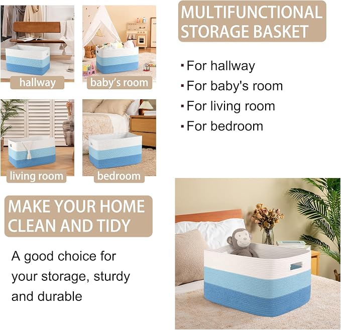 OIAHOMY Blanket Basket Laundry Basket Dog Toy Basket 75L Light Blue | Large Storage Basket,Baby Basket,Toy Storage,Woven Rope Basket for Blankets,Blanket Storage for Living Room