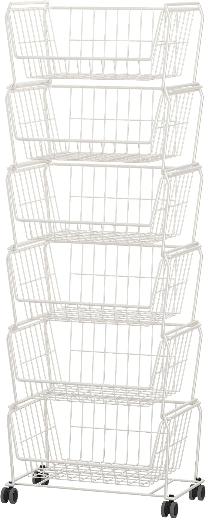 PUSDON 6-Tier Tall Stackable Wire Storage Baskets with Wheels, Vertical Metal Rolling Utility Cart, High Capacity Produce Basket for Kitchen Pantry, Snack Organizer, Classic White