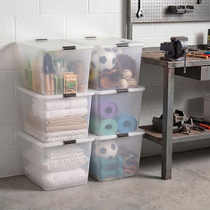 IRIS USA 6-Pack 55 Quart Clip Box with Latching Lid | Latching lid secures office and household supplies. Stackable, nestable design maximizes storage space
