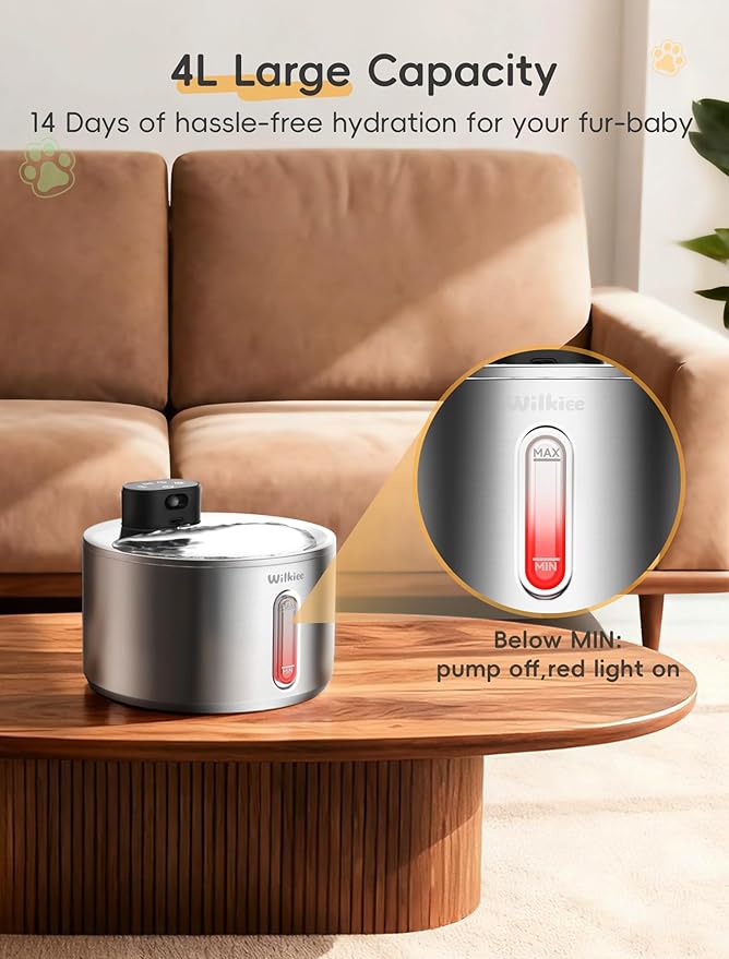Wireless Cat Water Fountain, 135fl.oz/4L Stainless Steel Cat Fountain Battery Operated, Pet Water Dispenser Cordless for Cats & Dogs Indoor (1 Set Filter)