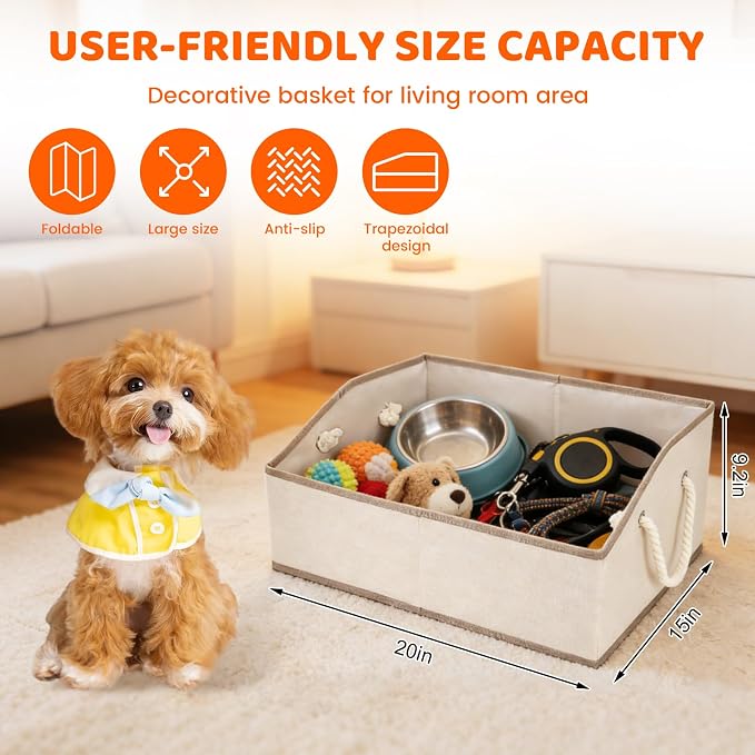 Dog Toy Basket With Handle, Foldable Dog Toy Box for Living Room Area, 20" Basket for Dog‘s Toys, Clothes, Organizers and Storage with Hard Board, Anti-slip for Pet Toys