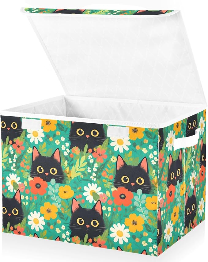 Cute Cat Fabric Fabric Storage Bins with Lid Closet Bedroom Storage | Foldable & Stackable, Flip Top Dust Guard, Reinforced Handles, Home & Bedroom, Clothes & Toys, Oxford Print Basket