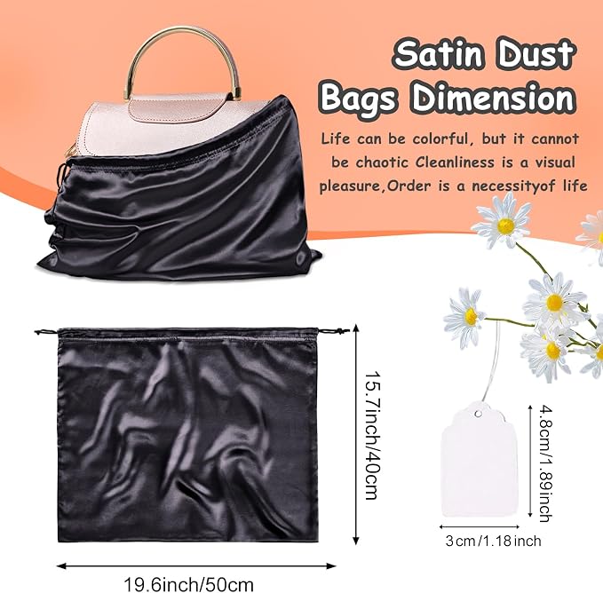 RUDONG M Satin Dust Bags for Handbag, Black, 4 Pack | Silky Dust Cover, Drawstring, For Storage & Travel, For Purse Clothes Shoes