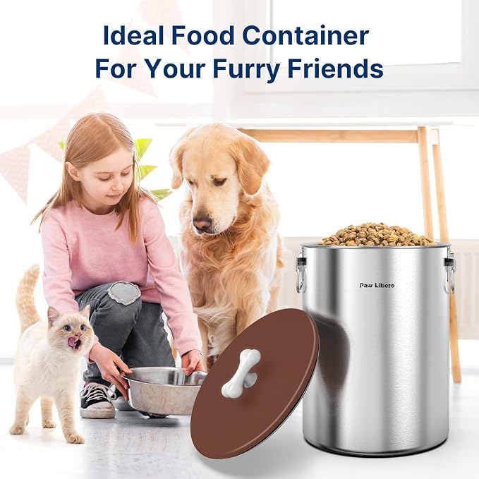 Paw Libero 25 Lbs Stainless Steel Dog Food Storage Container with Airtight Lid & Ceramic Bone Handle, Large Metal Dog Food Bin for Dogs & Cats, Keep Fresh, Easy to Clean