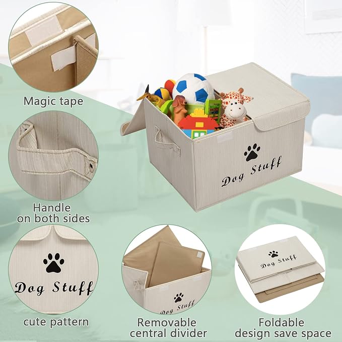 Large Storage Boxes - Large Linen Fabric Foldable Storage Cubes Bin Box Containers with Lid and Handles for Dog Apparel & Accessories, Dog Toys(BambooiBeige)