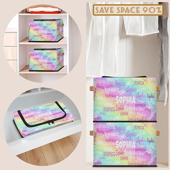 Personalized Kids Toy Box with Name, Custom Nursery Baskets Cubes Box with Zipper Lid, Kids Custom Storage Basket Laundry Baskets Organizer with Handles, Colorful Rainbow Color