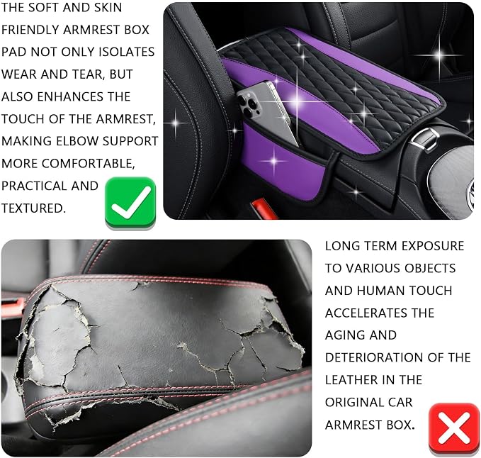 Leather Car Center Console Cover with Side Storage Pockets, Waterproof Armrest Cushion Protector Organizer for Vehicles SUVs, Interior Accessories, Car Decorations Stylish Arm Rest Pad (Purple)