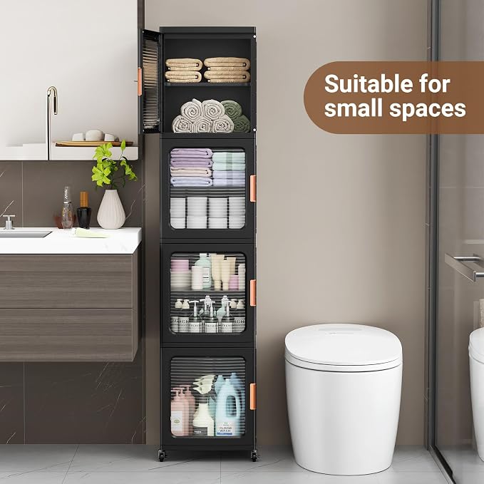 BROVIEW 4-Tier Tall Narrow Storage Cabinet 14.6” Wide, Slim Bathroom Cabinets with Adjustable Shelves and Doors, Plastic Kitchen Pantry Organizers and Storages for Small Space, Laundry, Black