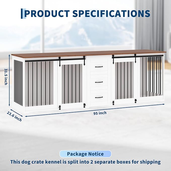 95" Large Dog Crate Furniture for 2 Dogs, Farmhouse Wooden Dog Kennel with 3 Storage Drawers, Heavy Duty Furniture Style TV Stand with Sliding Barn Doors