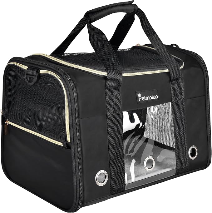 Petmolico Cat Carrier Soft-Sided Airline Approved, Medium,Black | For small/medium cats & puppies up to 16 lbs, 3 open doors, travel-friendly pet bag
