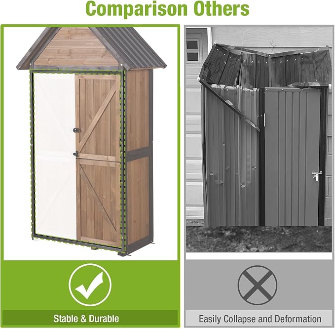 GUTINNEEN Outdoor Storage Shed with All Around Strong Metal Frame, Garden Tool Sheds Cabinet with Floor & Adjustable Shelves, Wooden Tool House for Backyard Garden Patio Lawn 67.1" H (Dark Brown)
