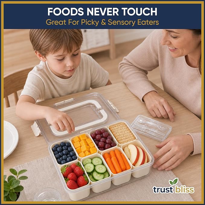 Snackle Box Container with Built-In Utensil Tray | BPA-Free 8 Compartment Divided Serving Tray, Snack Organizer & Snack Tackle Box for Adults and Kids | Portable snacklebox for Travel