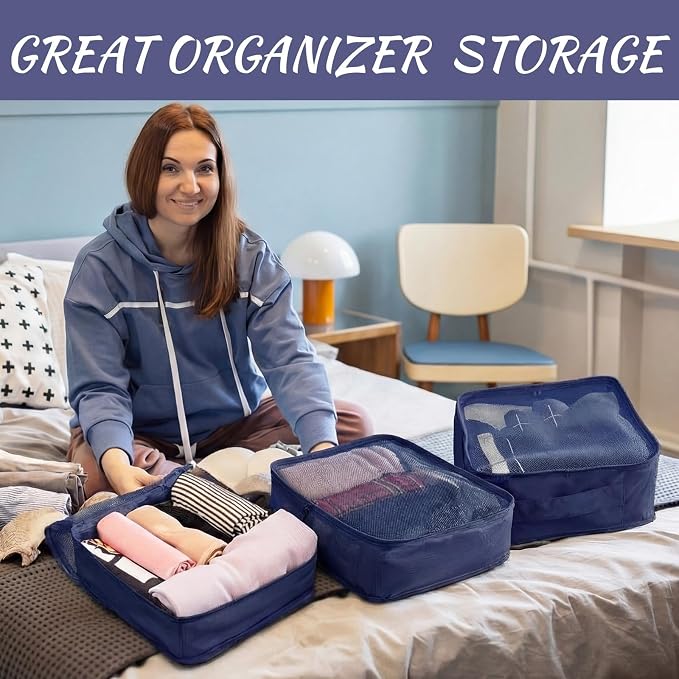 Silkfly 8 Pcs XL Packing Cube for Travel Luggage,Simple,Navy Blue | 17.7 x 13 x 4.7, Same Size, Navy Blue Suitcase Storage Organizer Set, Reusable Mesh Clothes Cube for Hiking Camp Family