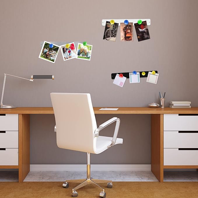 Outus 6 Pcs Magnetic Wall Strips 15" x 2", 48 Magnets, Silver, Black, White | Metal display strips for notes, photos and memos; ideal for office, home, classroom and workspace.