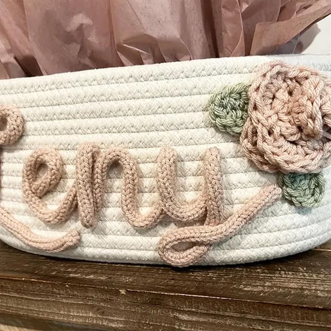 Personalized Cute Small Woven Basket with Handles, Custom Cotton Rope Room Shelf Storage Basket, Empty Decorative Gift Basket, Decorative Round Bin for Nursery Bedroom Bathroom (Style B)