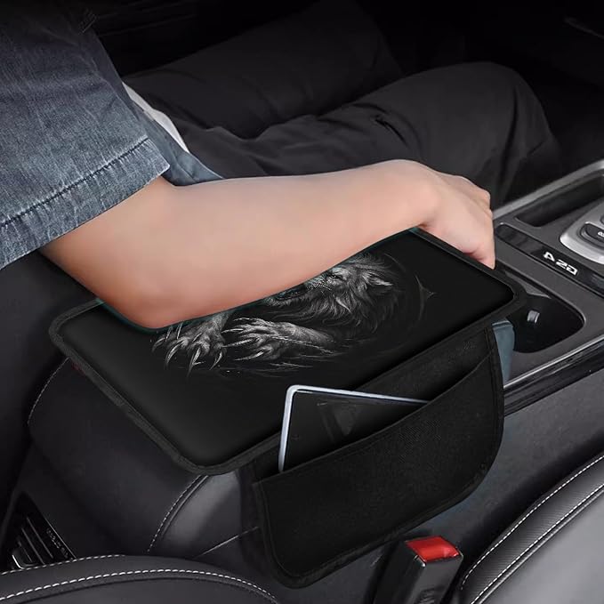 Howilath Black Lion Car Armrest Cover, Arm Rest Covers for SUV Sedan | Machine Washable. Auto Accessories with 2 Side Pockets for Storage, Easy Stretch-on Install