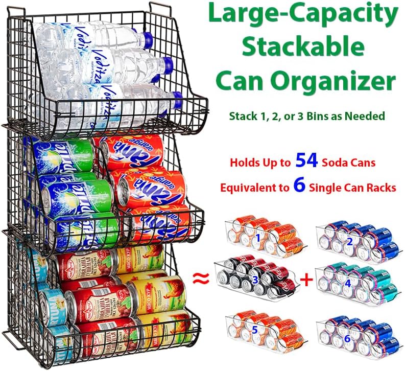 Stacking Can Dispensers 3 Tier with 3 Divider, Large Pantry Can Organizer, Beverage Drink Pop Soda Can Storage Basket, Can Holders for Pantry, Canned Food Rack Wire Bins for Kitchen Cabinet (3-Pack)