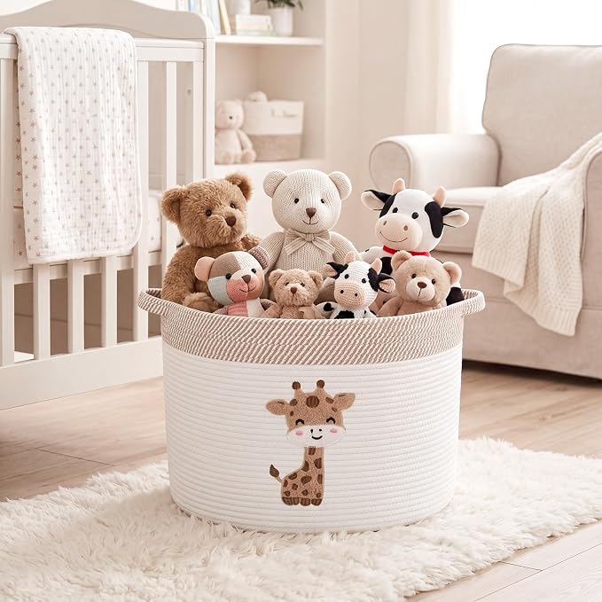 LemonRoad Extra Large Basket 20"x14", Woven Basket for Laundry Blanket Toy Box with Handle Storage, Blanket Storage for Living Room Nursery Pillows Chest(Cotton Rope,Cute Giraffe,Brown White)