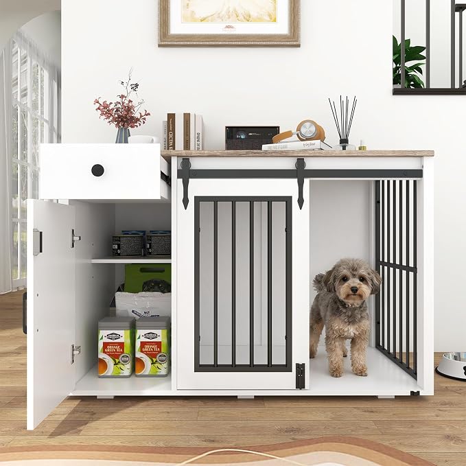 Verano Garden 44" Dog Crate Furniture, Dog Kennel (44" Left Facing Door) | 2-in-1, Lockable, Sliding Door, Removable Divider, Adjustable Shelf, Farmhouse, Heavy Duty, Small Medium Dogs, White