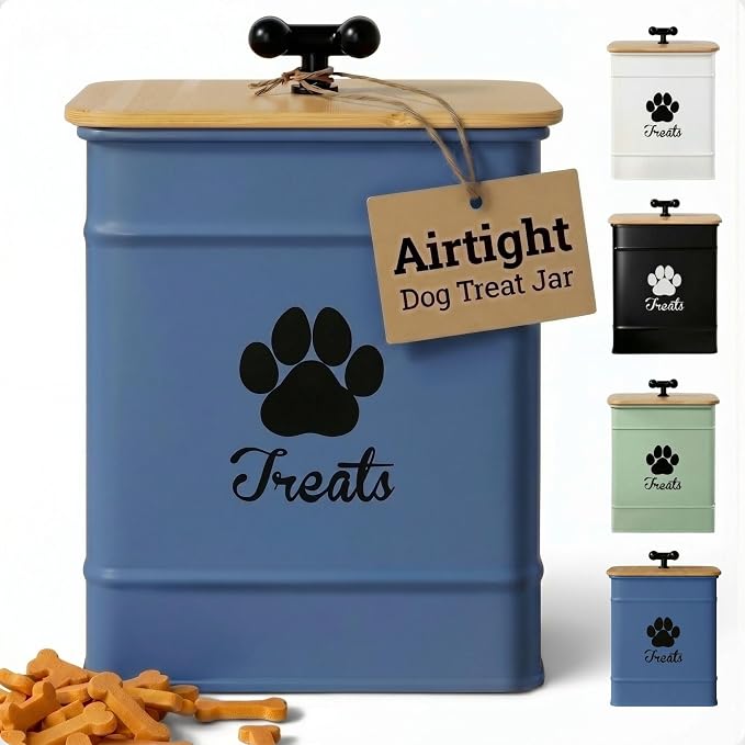 Dog Treat Container Airtight, 6"W x 8"H, Powder Coated, 12 Cup Capacity | Fits All Popular Treats, 12 Cup Capacity, Airtight Bamboo Lid, Easy Open Lid, Dent-Resistant Durable Metal Bone-Shaped Handle